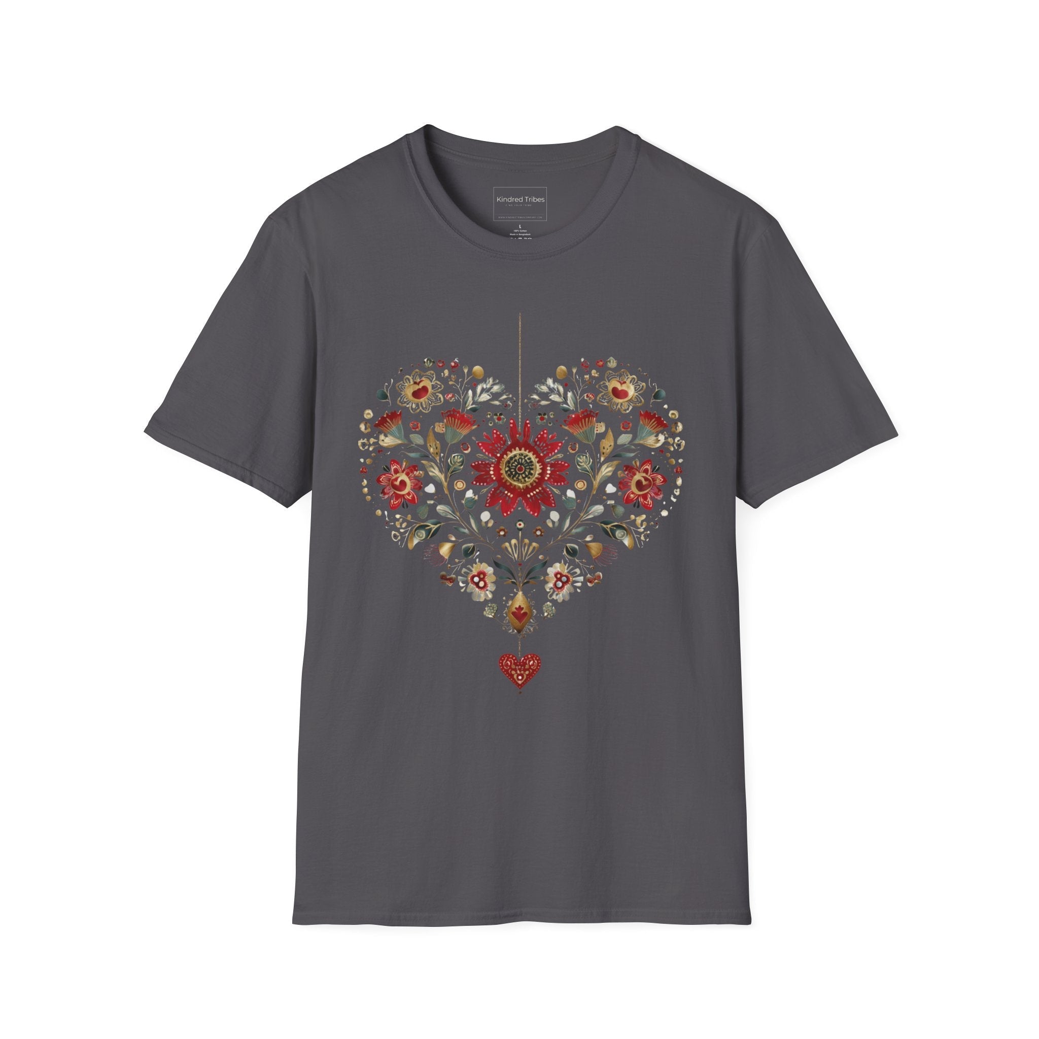 Charcoal Grey Heritage Heart Bloom T-Shirt features a heart shaped with beautiful crimson, sage, blue and tan folk art florals.