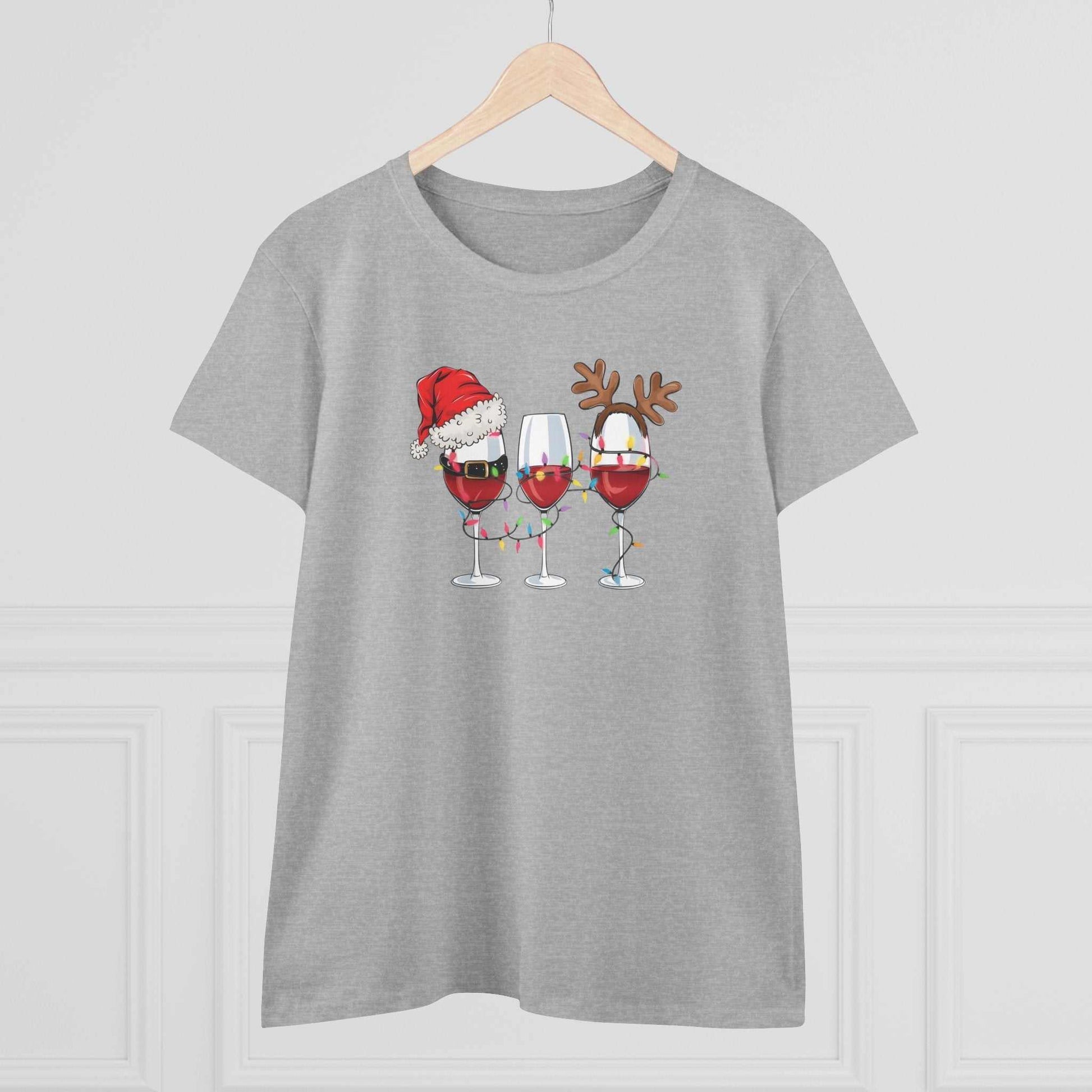 Grey t-shirt with festive wine glasses wearing Santa hat and reindeer antlers Christmas design