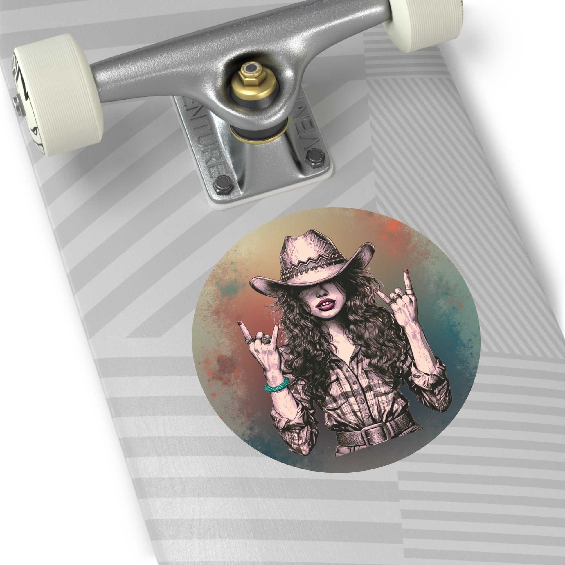 Rock On Vintage Cowgirl round vinyl sticker featuring a sassy cowgirl with rock-and-roll horns and vintage style