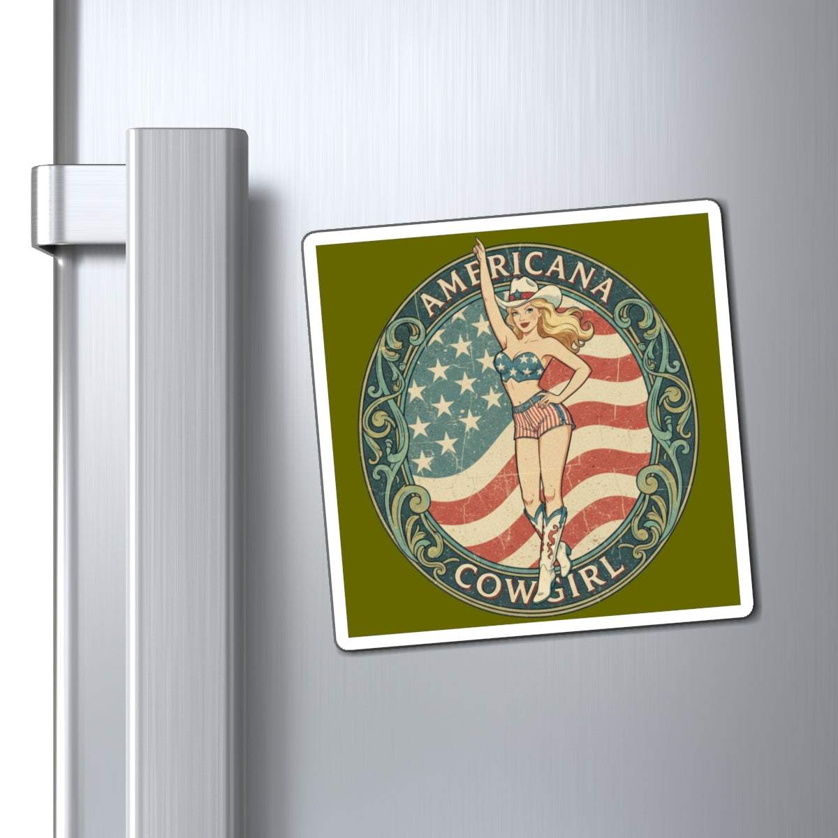Vintage Americana Cowgirl Emblem magnet with star-spangled cowgirl and distressed American flag design on fridge