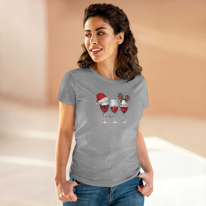 Woman wearing a gray Wine Glasses Christmas T-Shirt with festive wine glass designs including Santa hat and reindeer antlers