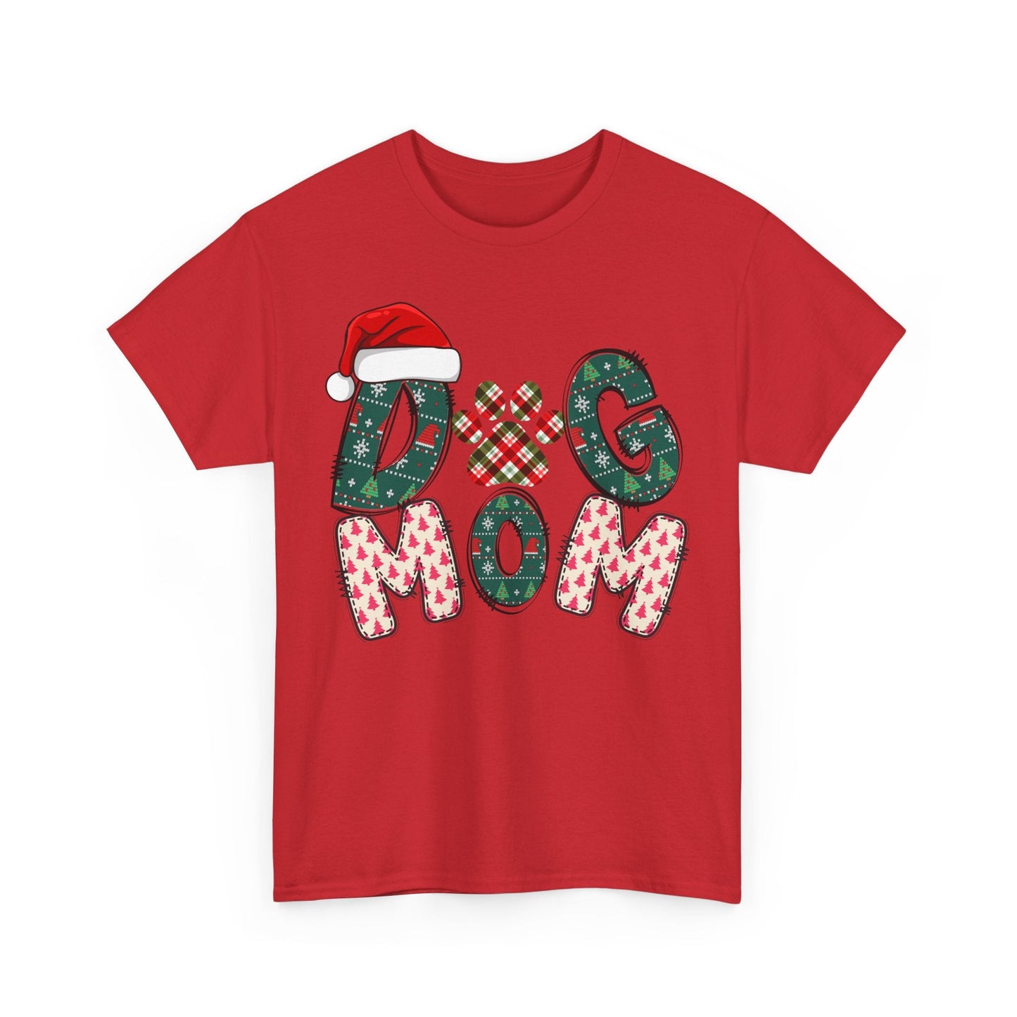 Red Christmas Dog Mom tee with festive patterned letters and Santa hat design, personalized option available.