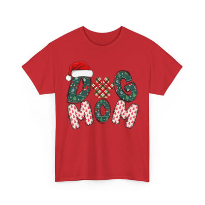Red Christmas Dog Mom tee with festive patterned letters and Santa hat design, personalized option available.
