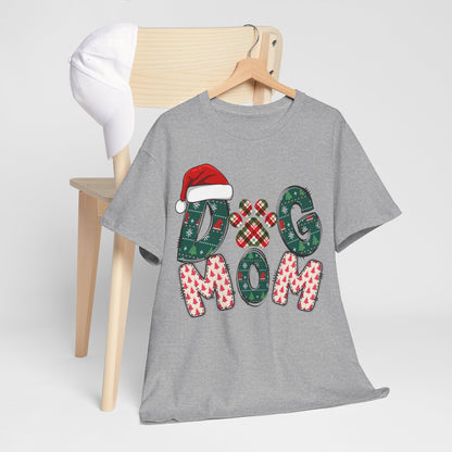 Gray Christmas Dog Mom Tee with festive patterned letters and Santa hat design, cozy unisex cotton shirt for dog lovers
