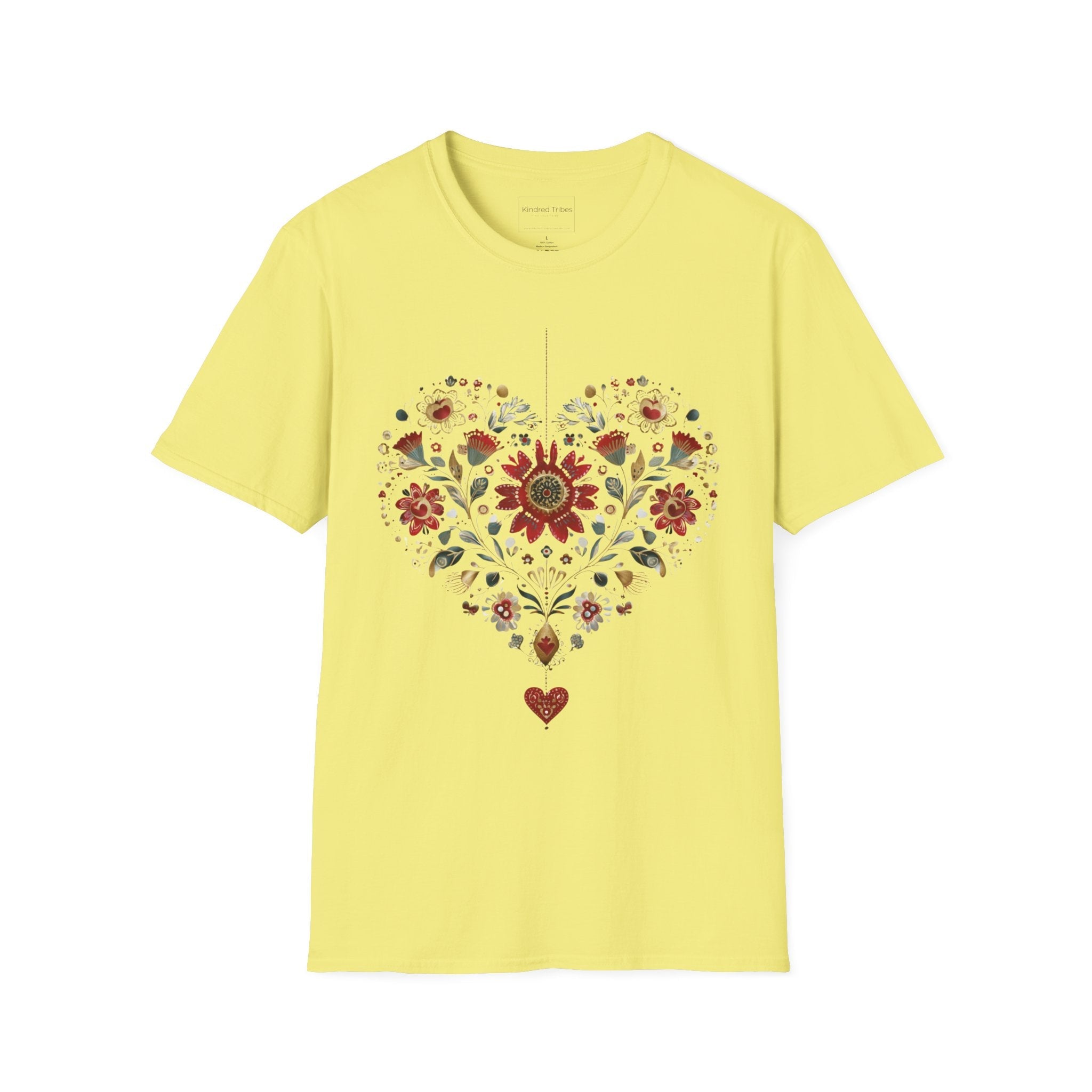 Yellow Heritage Heart Bloom T-Shirt features a heart shaped with beautiful crimson, sage, blue and tan folk art florals.