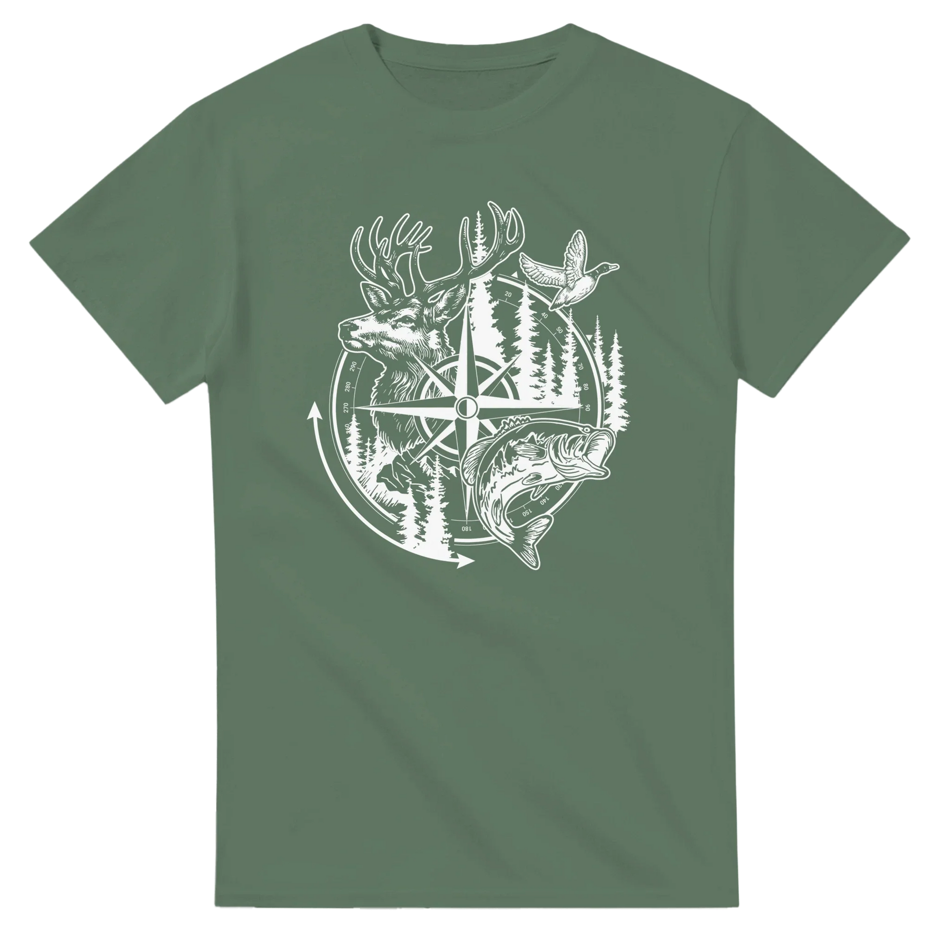 Big Buck Adventure T-Shirt in green with white outdoor design featuring a deer, duck, fish, and compass