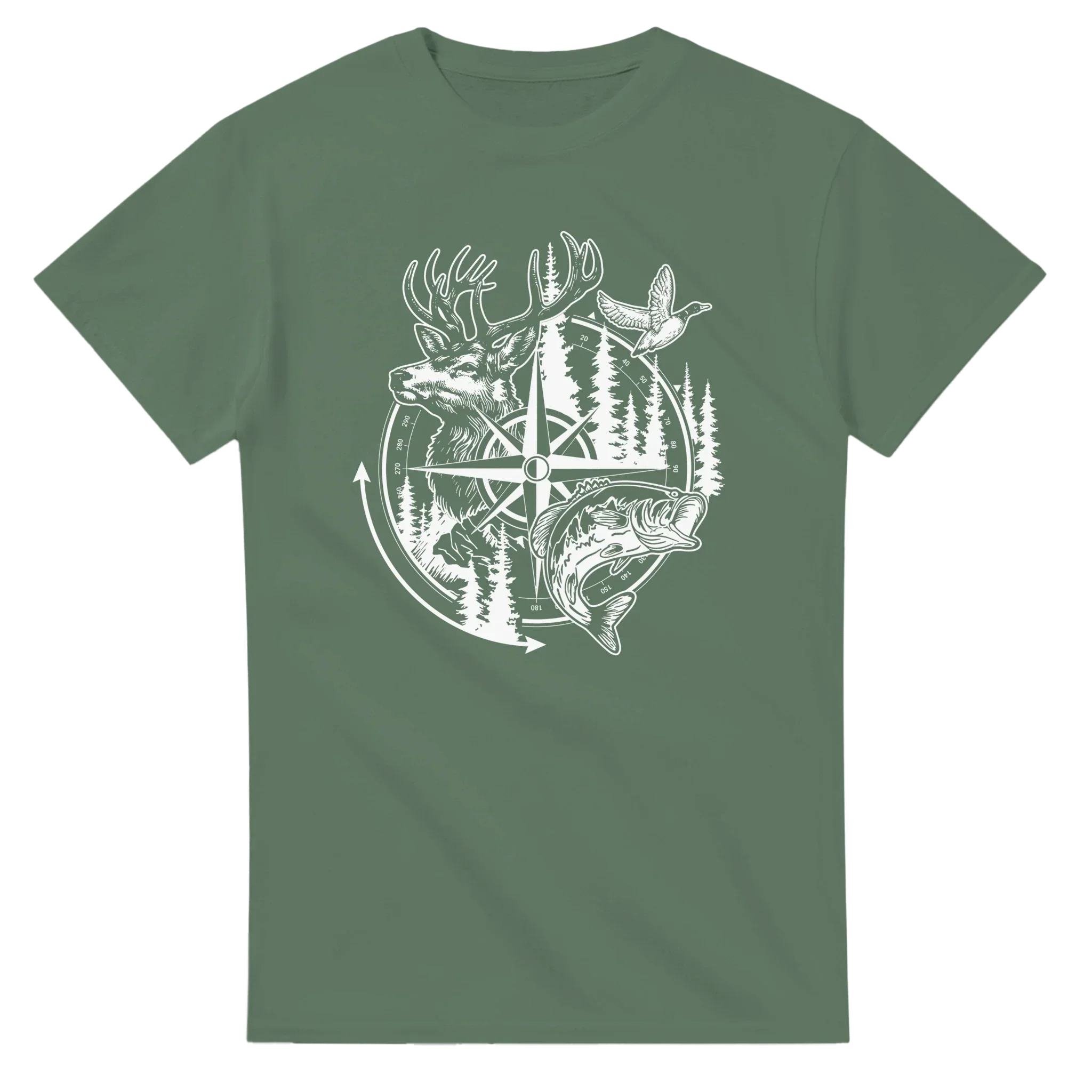 Big Buck Adventure T-Shirt with deer, fish, and duck compass design on green cotton fabric