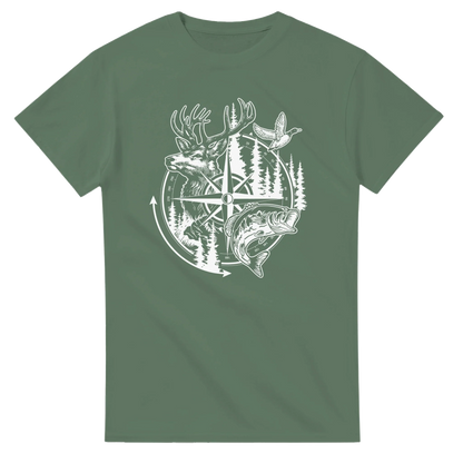 Big Buck Adventure T-Shirt in green with white outdoor design featuring a deer, duck, fish, and compass