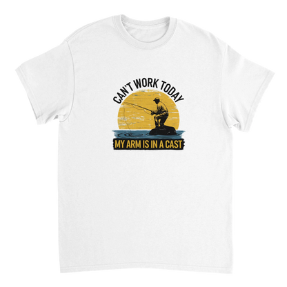White funny fishing t-shirt with "Can't Work Today, My Arm is in a Cast" slogan and fisherman graphic
