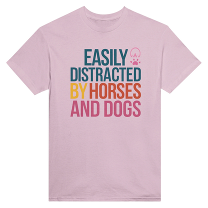 Pink Easily Distracted By Horses and Dogs T-Shirt with colorful text and paw and hoof prints