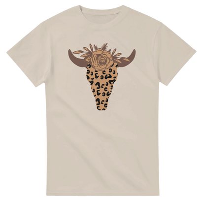 Beige Leopard Print Steer Skull T-Shirt with floral design on front, casual heavyweight cotton tee