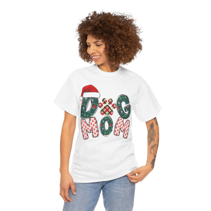 Woman wearing white Christmas Dog Mom Tee with festive patterned text and Santa hat design