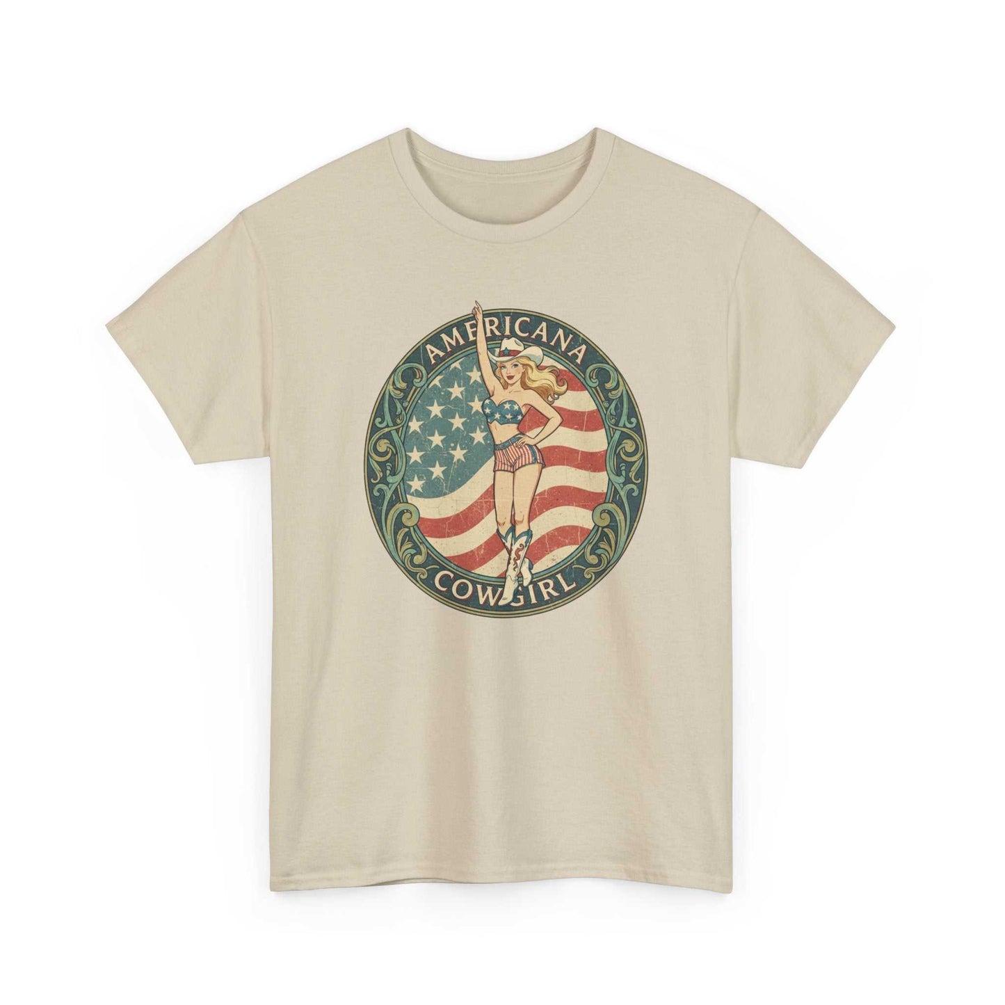 Vintage Americana Cowgirl Emblem t-shirt with retro pin-up design and American flag background