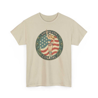 Vintage Americana Cowgirl Emblem t-shirt with retro pin-up design and American flag background