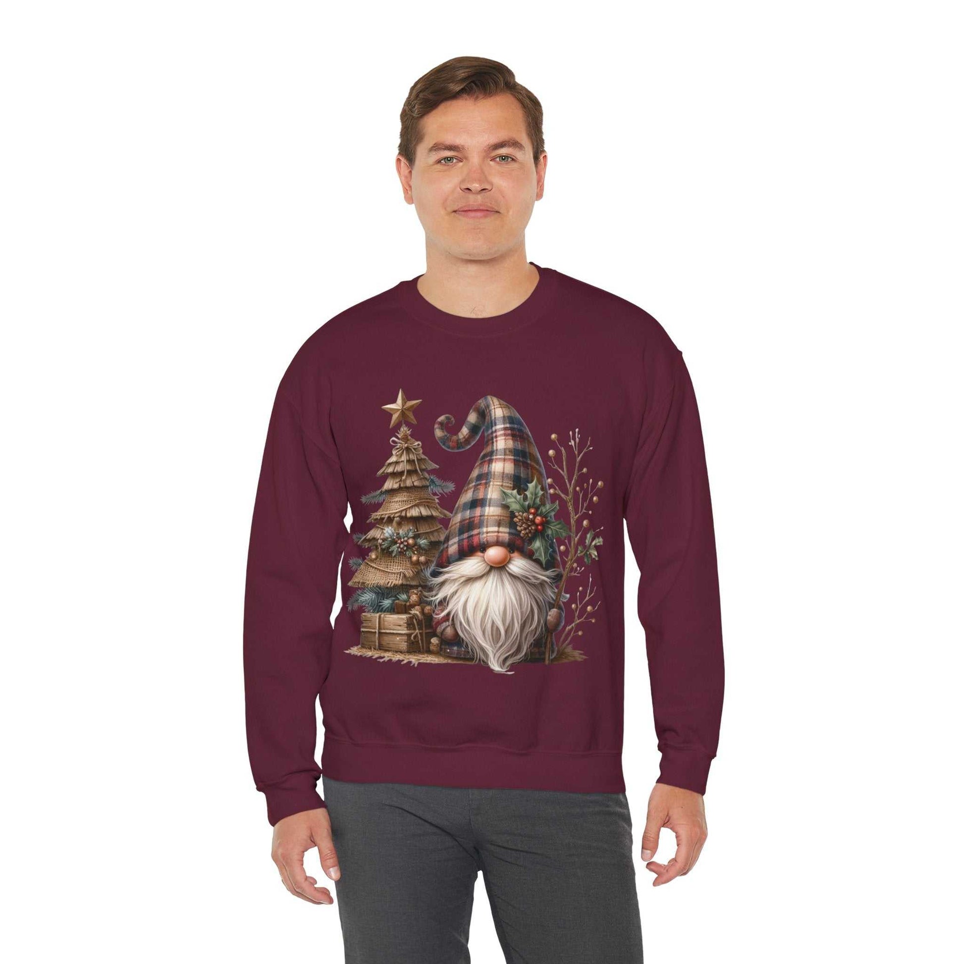 Man wearing rustic plaid Christmas gnome sweatshirt with festive tree and holly design