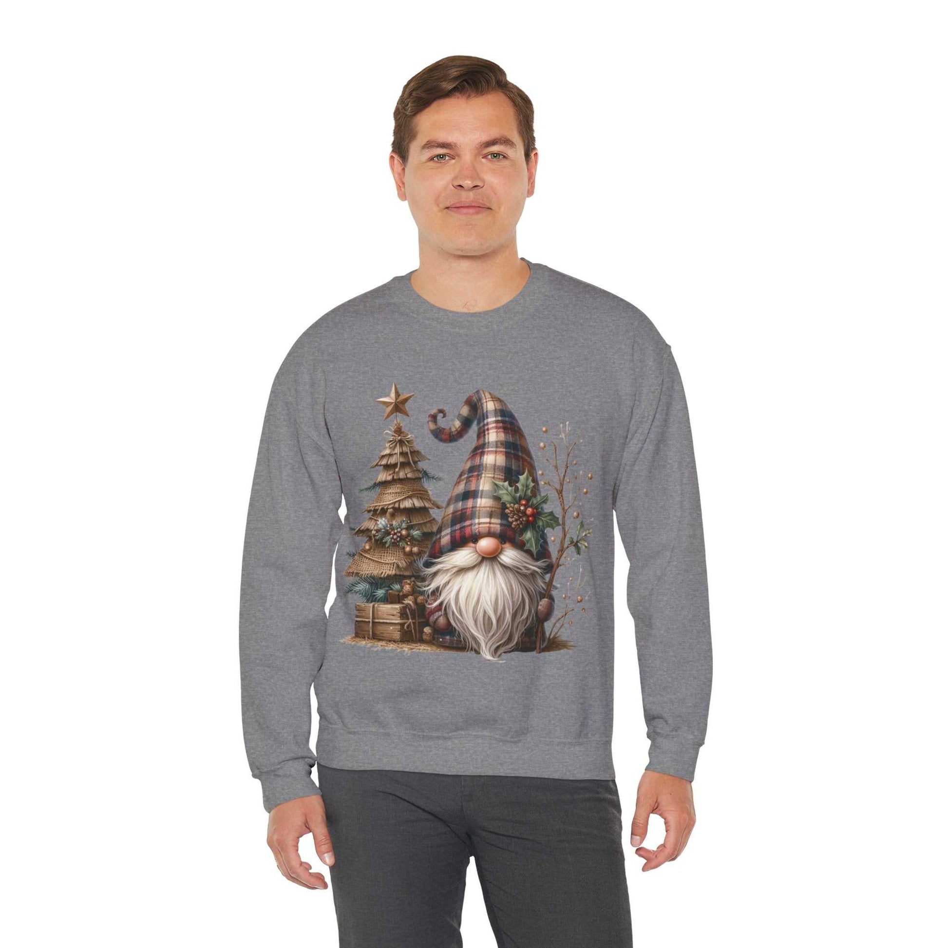 Unisex sweatshirt featuring rustic plaid Christmas gnome with white beard beside burlap and wood tree design