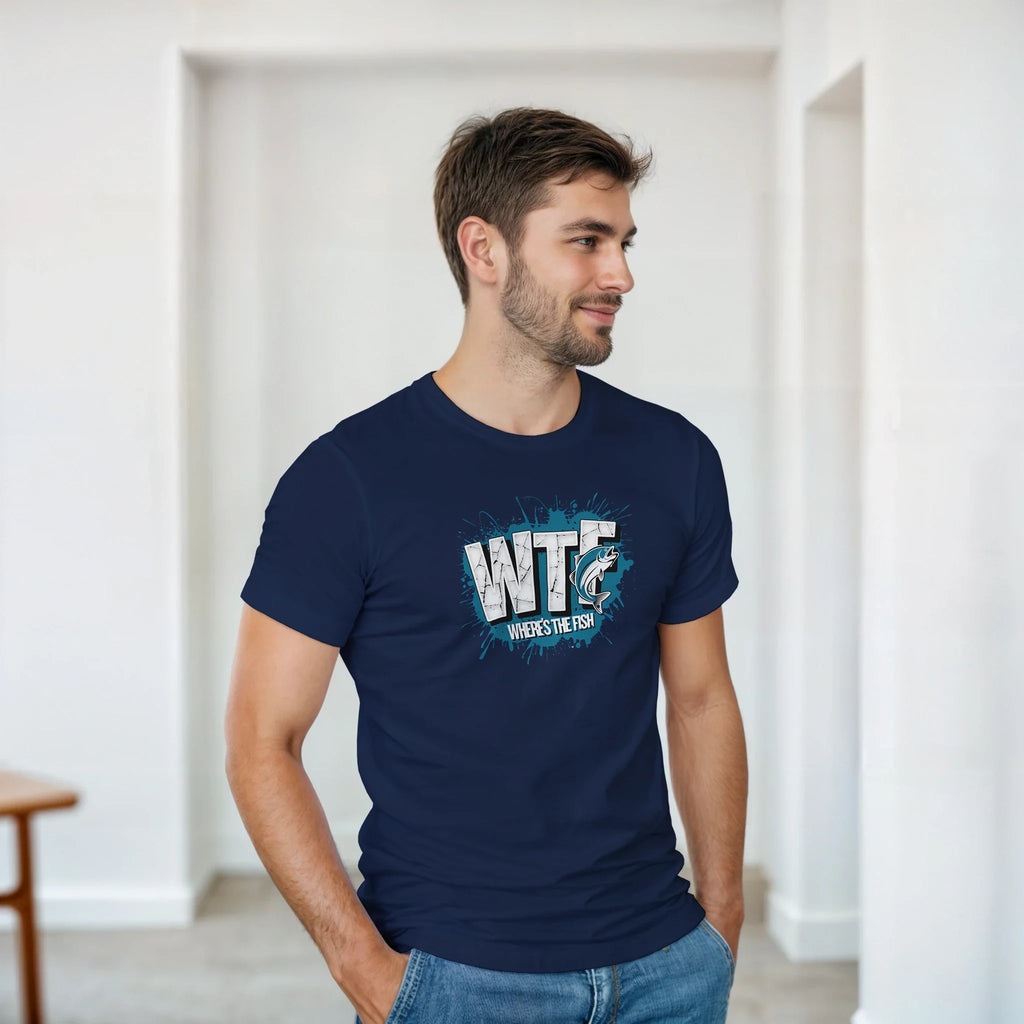 Man wearing WTF Where's The Fish whimsical fishing t-shirt in navy blue with classic cotton fit