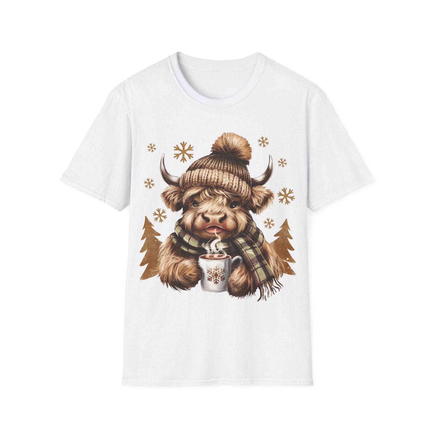 White t-shirt featuring a cozy Highland Cow wearing a knit hat and plaid scarf holding a steaming hot chocolate mug with snowflake design.