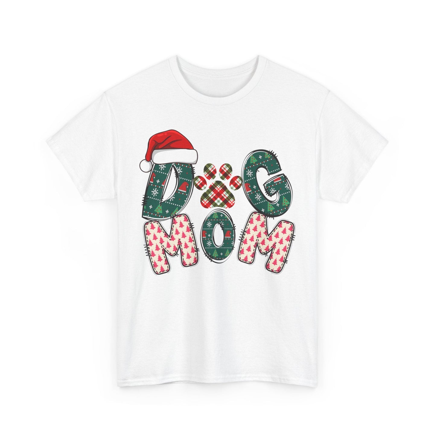 White Christmas Dog Mom Tee with festive holiday letters and Santa hat design, customizable name on Santa hat band.