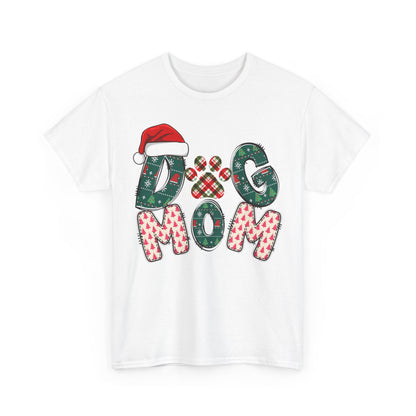 White Christmas Dog Mom Tee with festive holiday letters and Santa hat design, customizable name on Santa hat band.