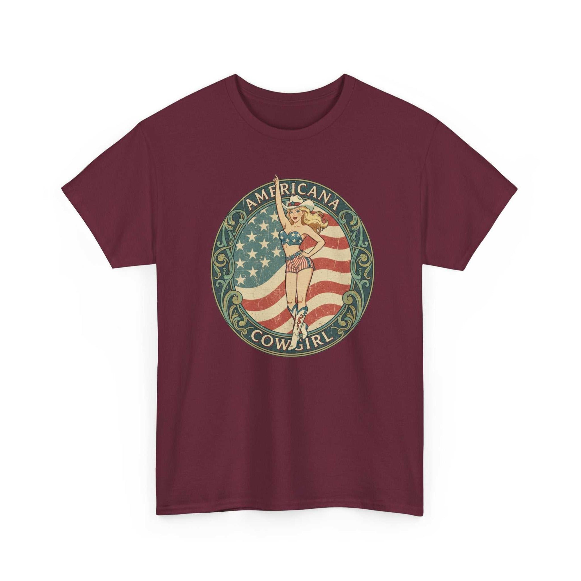 Vintage Americana Cowgirl Emblem t-shirt with star-spangled cowgirl and distressed American flag design on maroon background