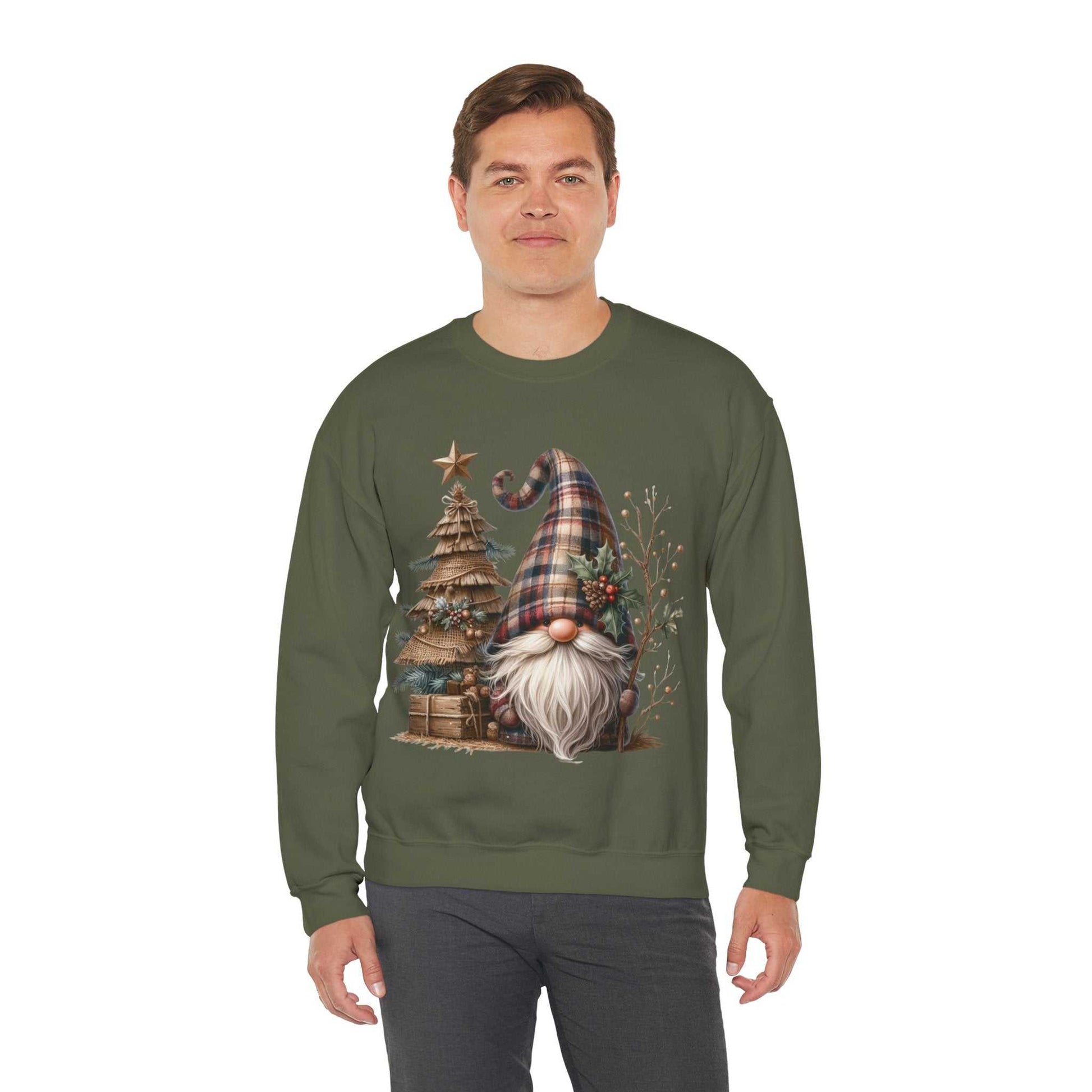 Unisex sweatshirt with rustic plaid Christmas gnome and holiday tree design in cozy style