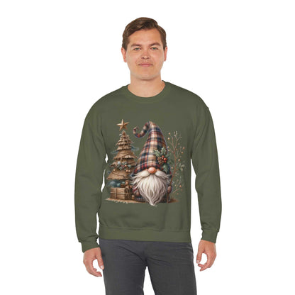 Unisex sweatshirt with rustic plaid Christmas gnome and holiday tree design in cozy style