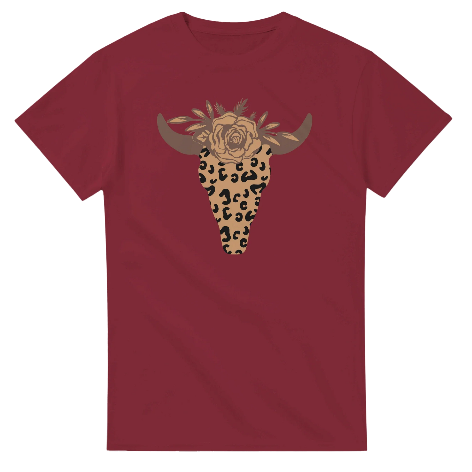 Maroon t-shirt featuring a leopard print steer skull with floral accents, heavyweight cotton, durable double-needle stitching.