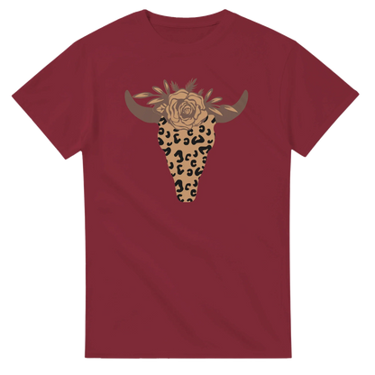 Maroon t-shirt featuring a leopard print steer skull with floral accents, heavyweight cotton, durable double-needle stitching.