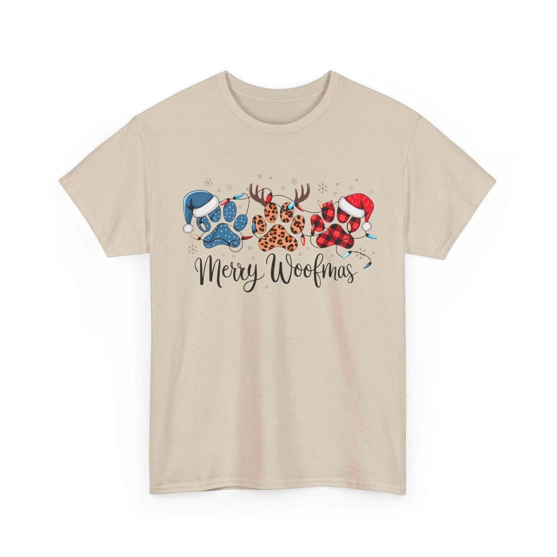 Beige Merry Woofmas Christmas tee with festive paw print designs in buffalo plaid, leopard spots, and Santa hats.