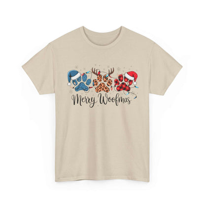 Beige Merry Woofmas Christmas tee with festive paw print designs in buffalo plaid, leopard spots, and Santa hats.