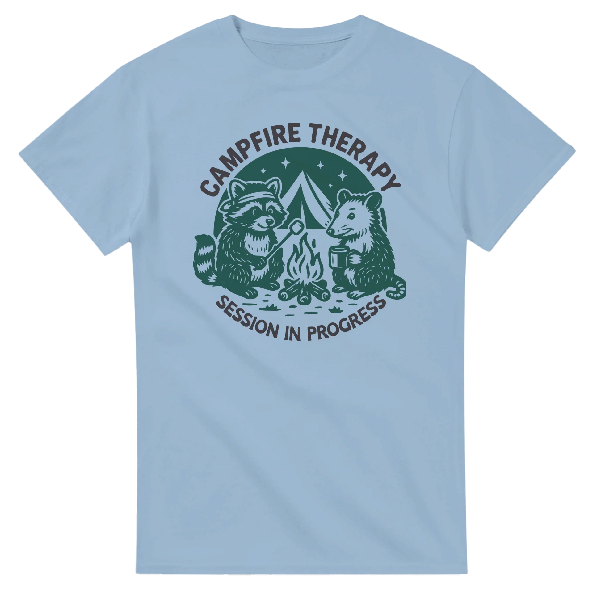 Light blue Cute Campfire Therapy T-shirt with raccoon and bear campfire design and "Session in Progress" text