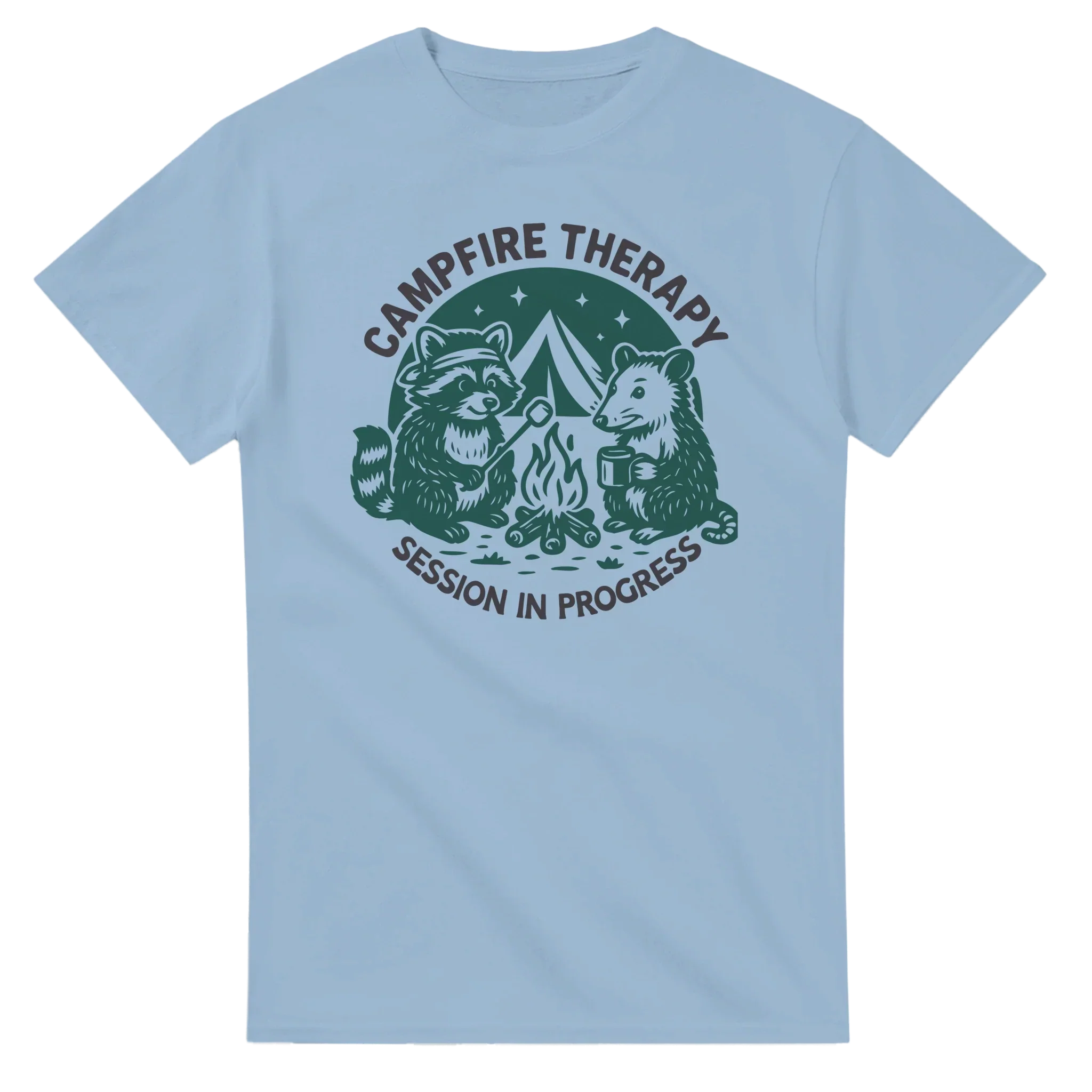 Light blue Cute Campfire Therapy T-shirt with happy raccoon and bear camping design and "Session in Progress" text