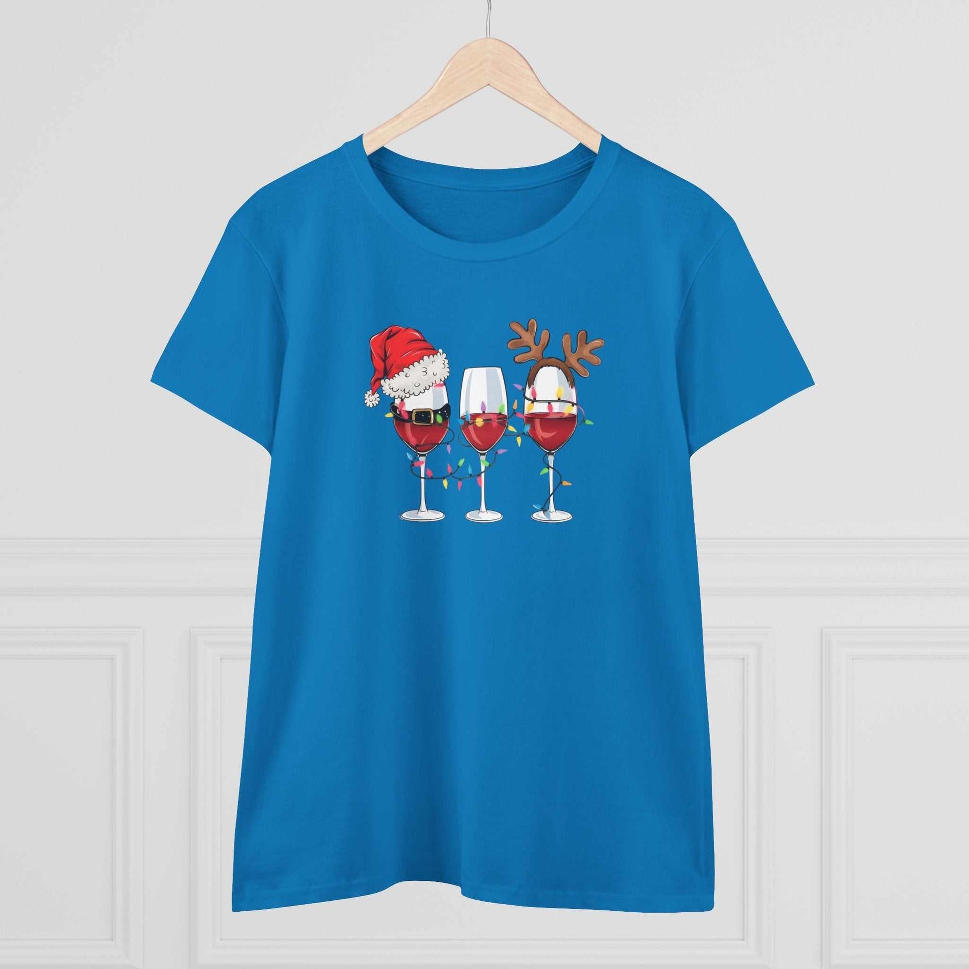 Blue Wine Glasses Christmas T-Shirt with festive wine glasses wearing Santa hat and reindeer antlers design