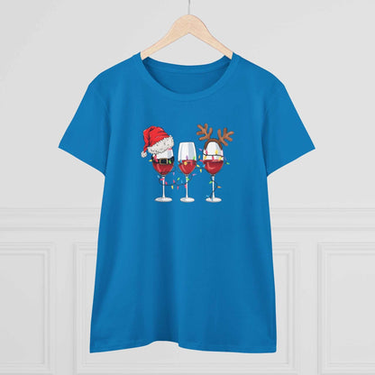 Blue Wine Glasses Christmas T-Shirt with festive wine glasses wearing Santa hat and reindeer antlers design