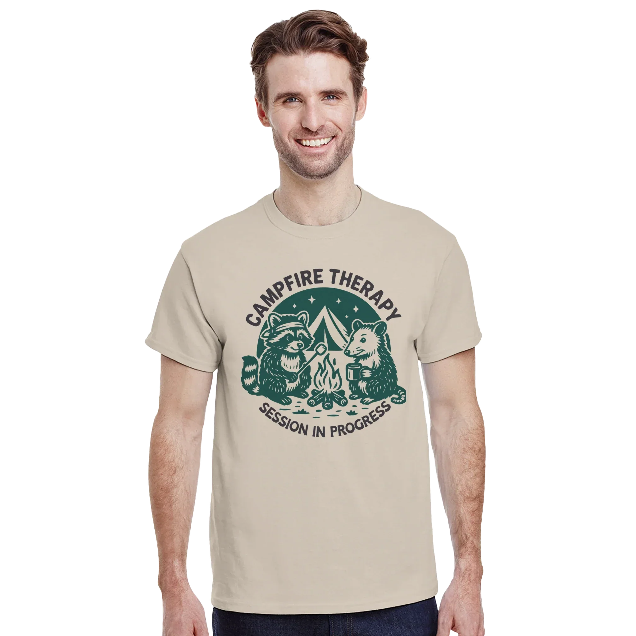 Man wearing Cute Campfire Therapy T-shirt with happy critter campers around a campfire design