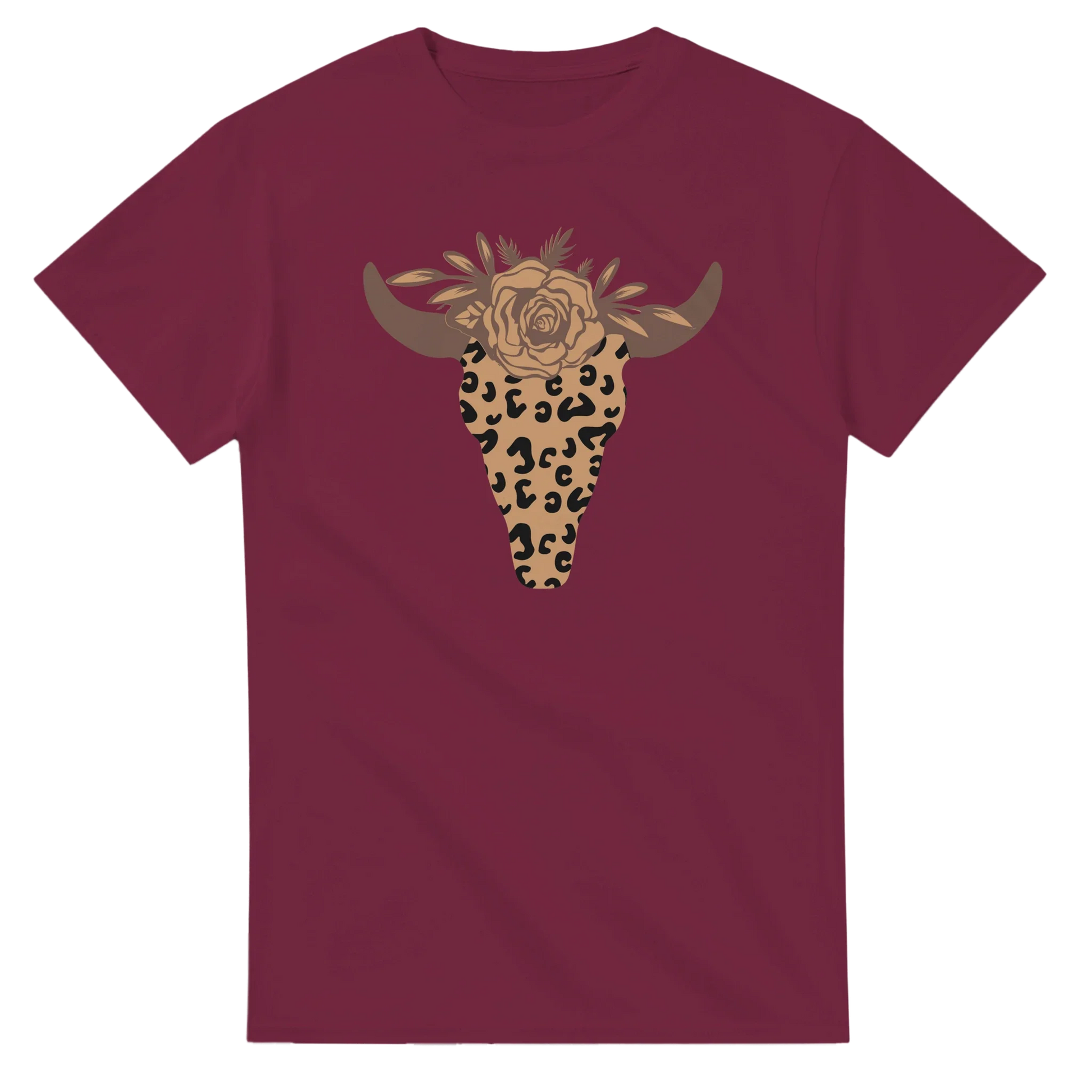 Maroon Leopard Print Steer Skull T-Shirt with floral design, heavyweight cotton, casual fit