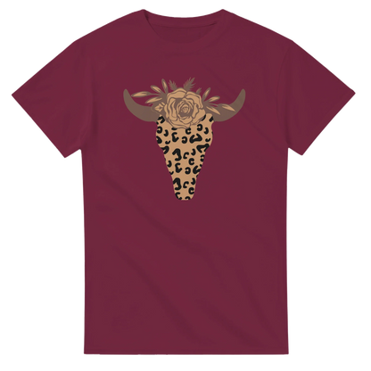 Maroon Leopard Print Steer Skull T-Shirt with floral design, heavyweight cotton, casual fit