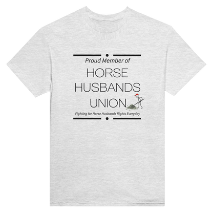 Light grey Horse Husbands Union t-shirt with humorous man shoveling money graphic and supportive text design