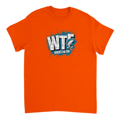Orange WTF Where's The Fish whimsical fishing t-shirt with bold graphic print on classic cotton fit