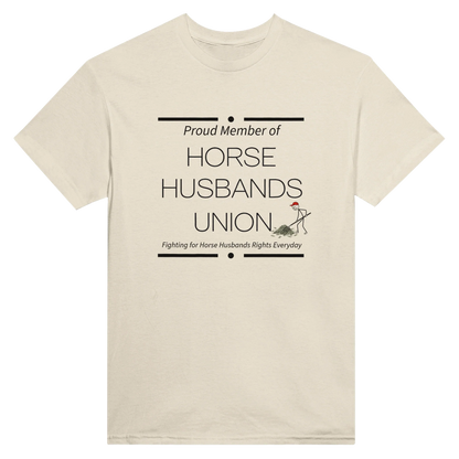 Horse Husbands Union t-shirt with humorous design of man shoveling money on beige cotton tee