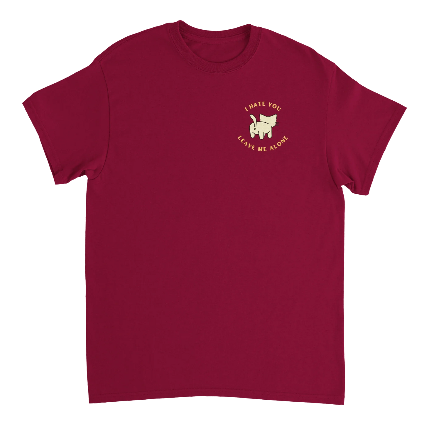 Stay Away Cat T-Shirt with playful cat behind graphic and sassy sayings in maroon cotton fabric