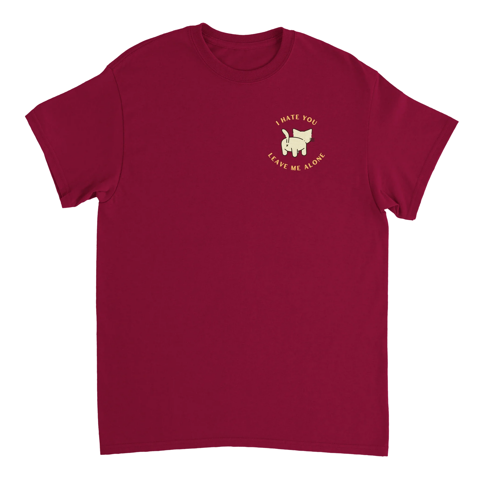 Stay Away Cat T-Shirt with playful cat behind graphic and sassy sayings in maroon cotton fabric