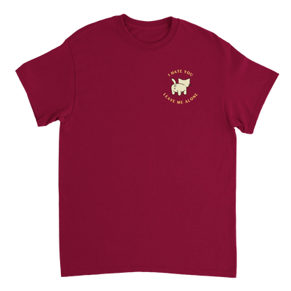 Stay Away Cat T-Shirt with playful cat behind graphic and sassy sayings in maroon cotton fabric