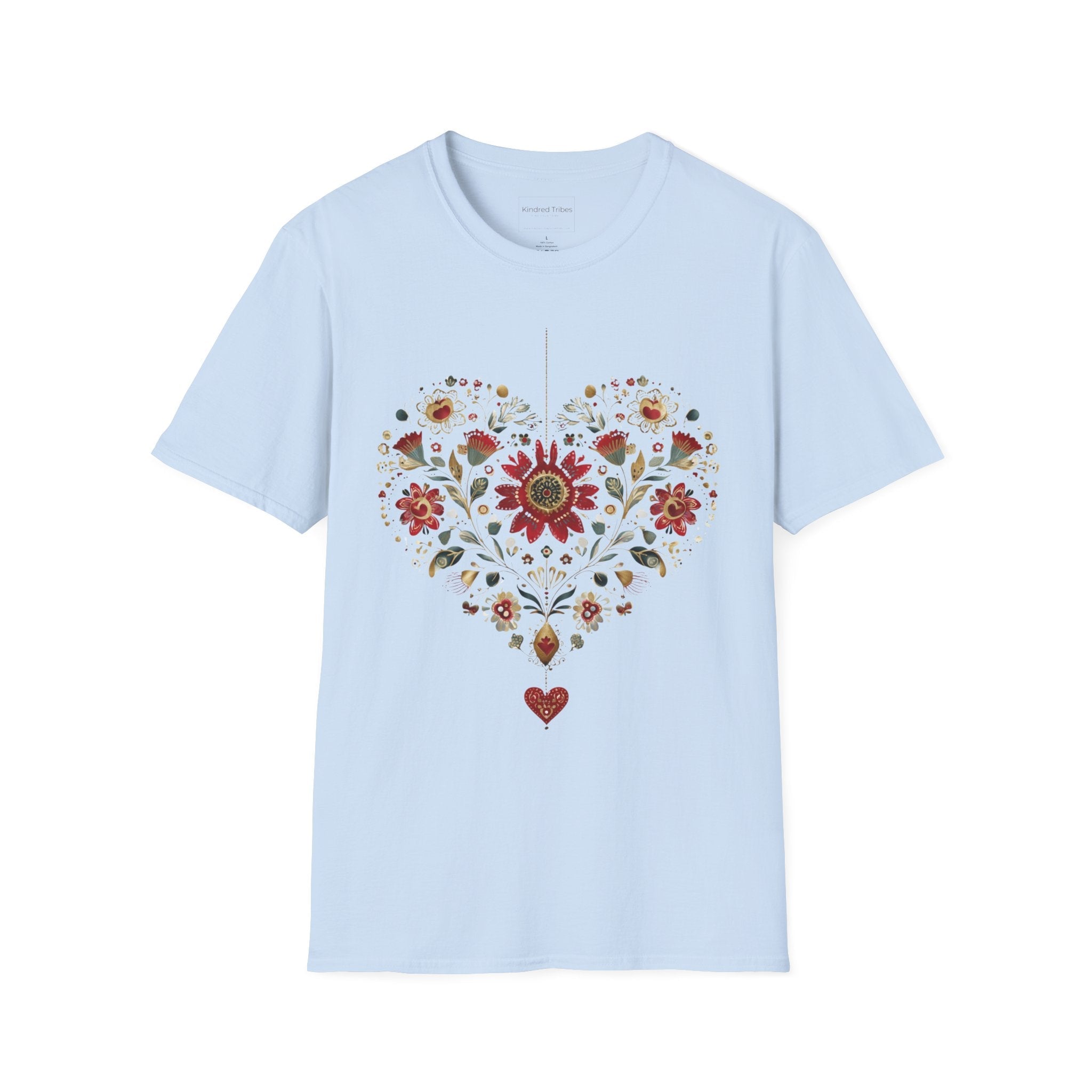 Light Blue Heritage Heart Bloom T-Shirt features a heart shaped with beautiful crimson, sage, blue and tan folk art florals.