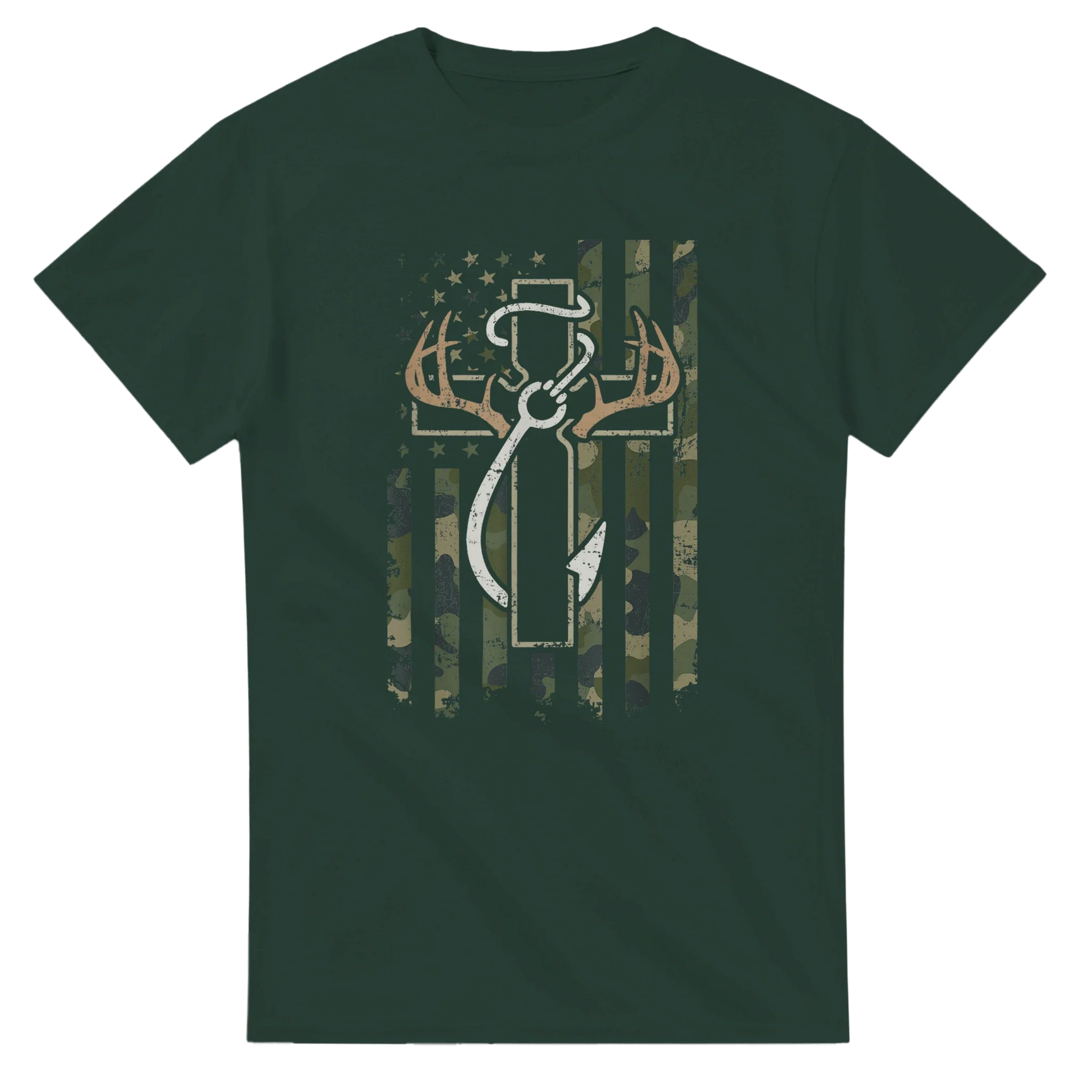 Dark green Patriotic Hunting Fishing Faith T-Shirt with camo American flag and hunting symbol design on front.
