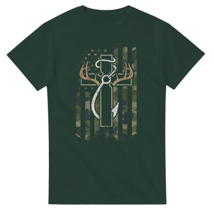 Dark green Patriotic Hunting Fishing Faith T-Shirt with camo American flag and hunting symbol design on front.