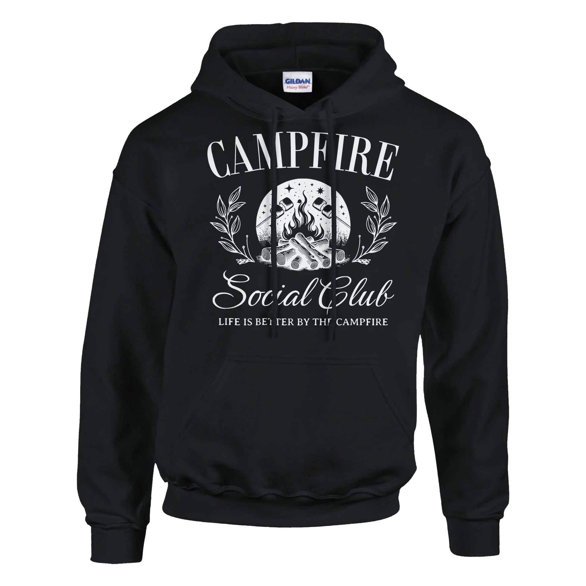 Black Campfire Social Club cozy hoodie with campfire graphic and front pouch pocket