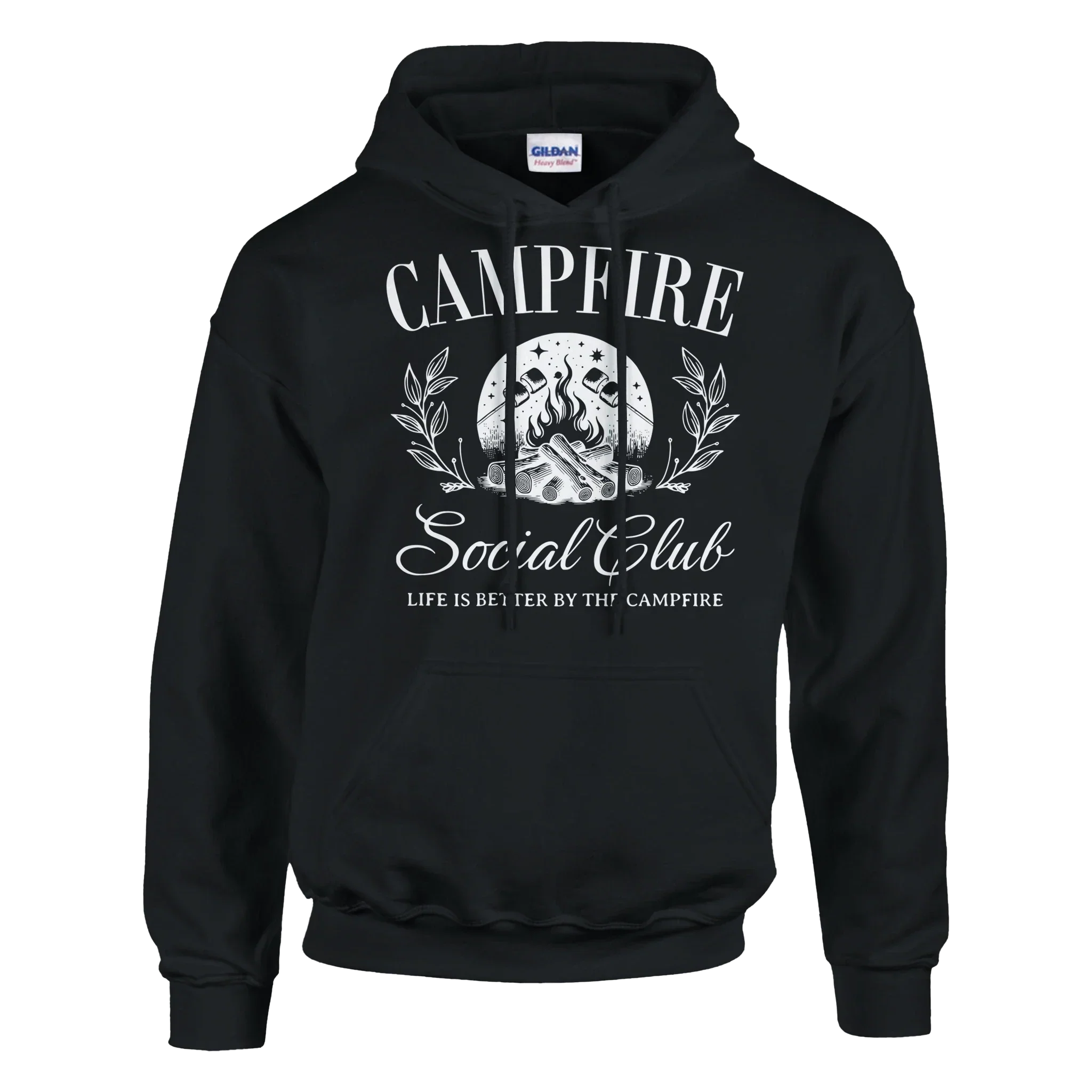 Black Campfire Social Club cozy hoodie with campfire graphic and front pouch pocket