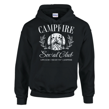 Black Campfire Social Club cozy hoodie with campfire graphic and front pouch pocket
